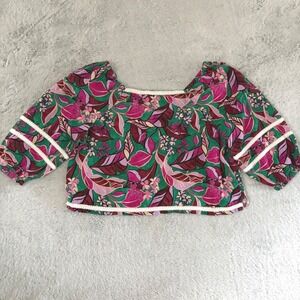 Cynthia Rowley Linen Floral Square Neck Puff Sleeve Crop Blouse XL Tropical‎